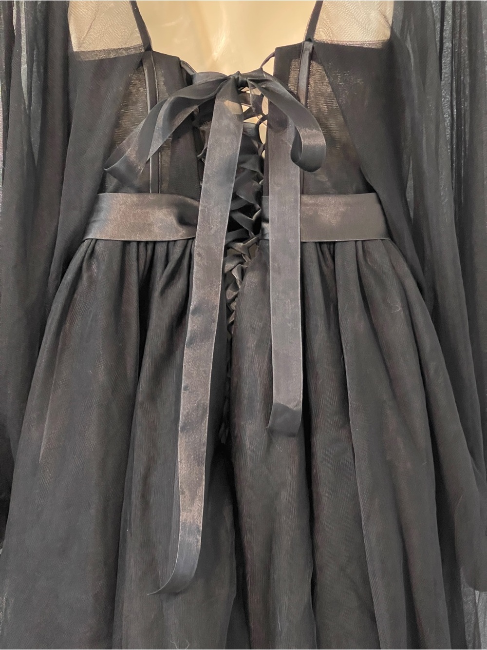 Black Gothic Corset Tulle Maxi Dress Sheer Puff Sleeve Dark Fairy Prom Renfair 4 - Picture 13 of 14